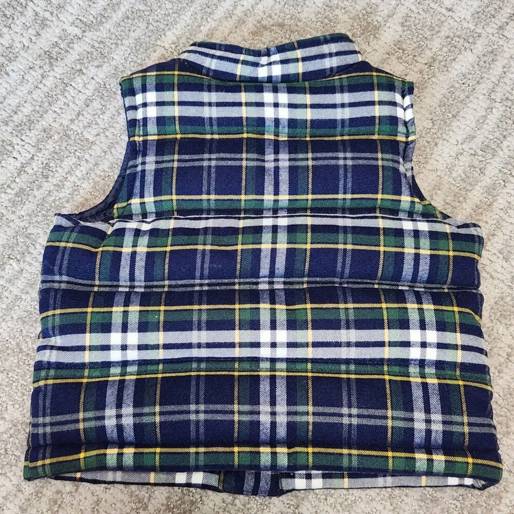 JANIE & JACK toddler plaid flannel puffer vest blue green size 12-18 months